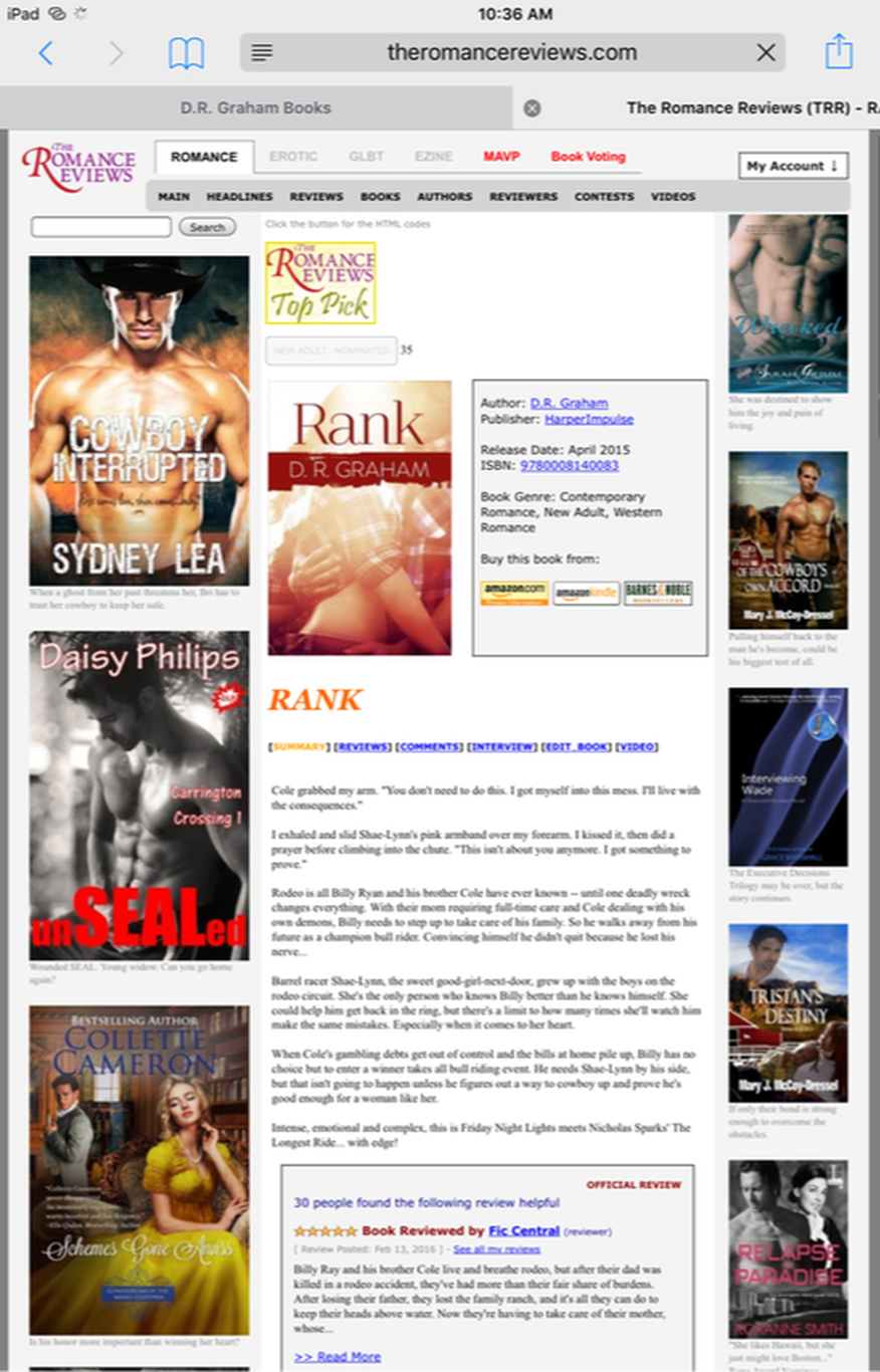 Rank by D.R. Graham Readers Choice Top Pick Contemporary Western Romance and New Adult